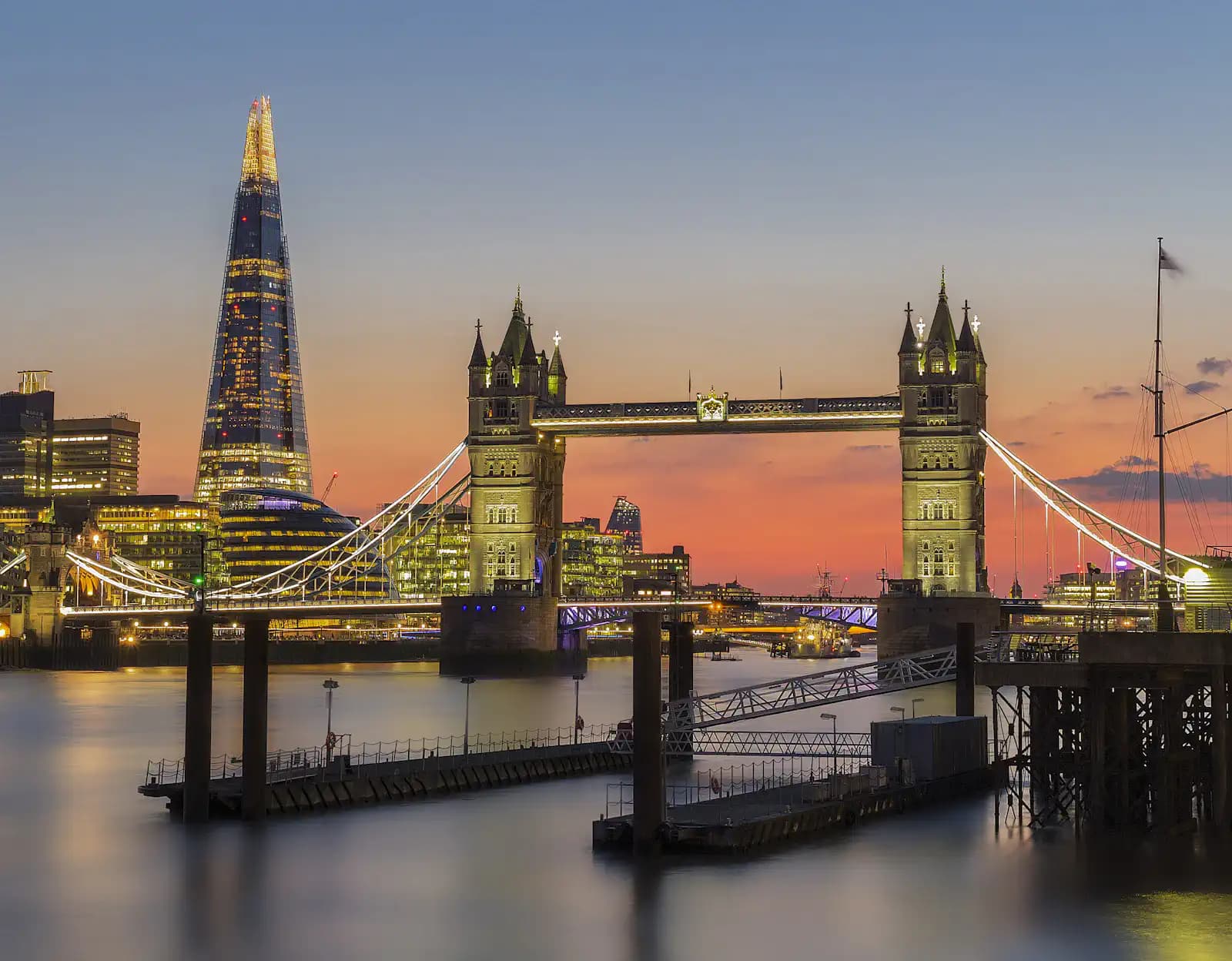Tower Bridge lit up at dusk in London